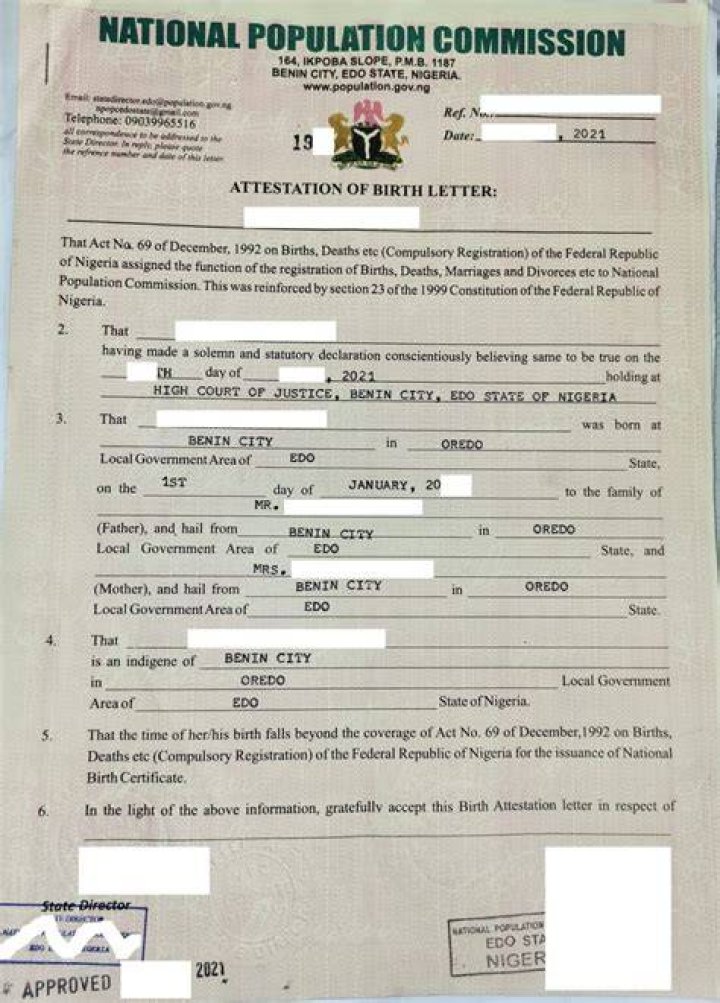 Birth attestation letter Nigeria Muster&uuml;bersetzungen von Urkunden