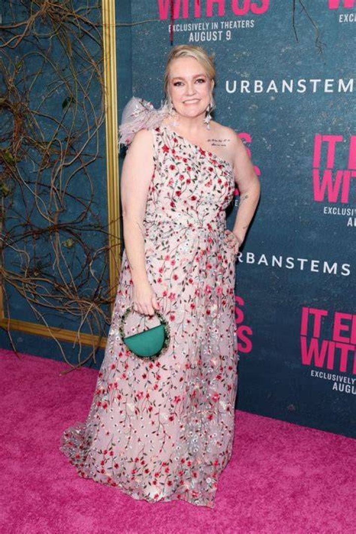 Colleen Hoover wearing dress with face of Nathan Fielder.